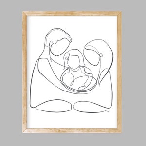 Mom and Dad with baby and daughter, family one line drawing, digital download