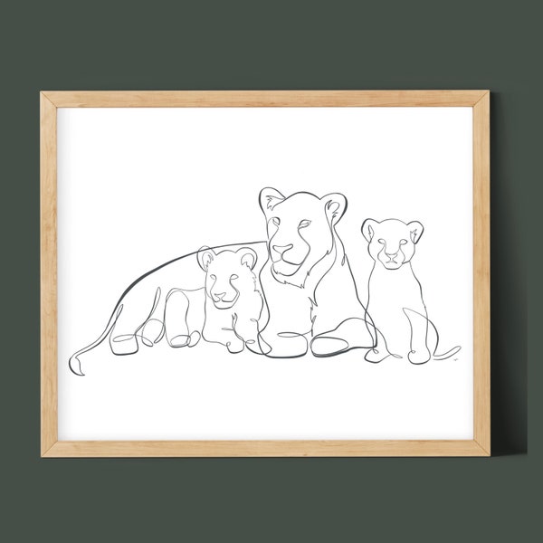 Lionne minimaliste avec Cubs One Line Drawing, Digital Download