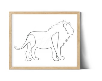 以下が含まれることがあります： シンプルでミニマルなスタイルのライオンの線画。ライオンは横顔で描かれており、頭は横に傾けられ、たてがみは風になびいている。