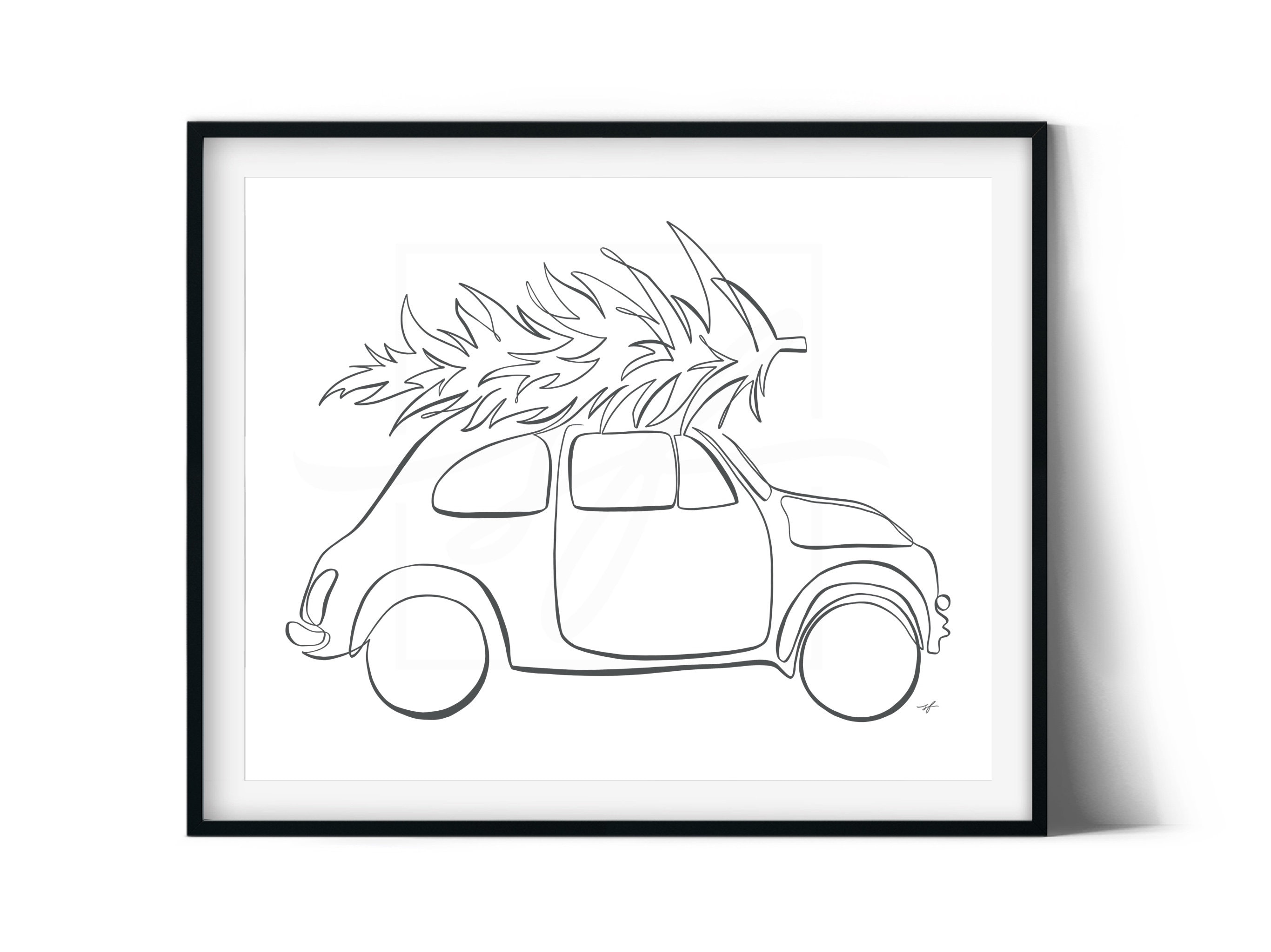 Christmas Tree on Car Continuous Line Drawing digital Etsy