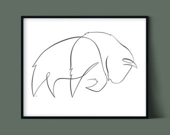 Può includere: Disegno a linea di un bisonte in nero su sfondo bianco.