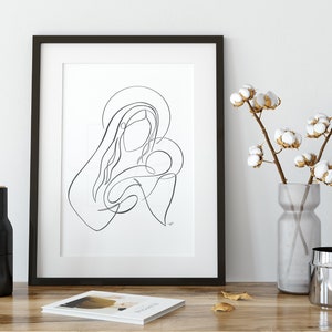 Mary en Baby Jesus w/halo minimalistische lijntekening, digitale download