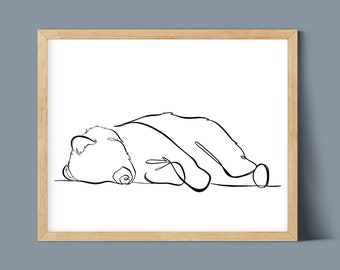 May include: Line art drawing of a bear lying on its side, with its head resting on the ground. The bear is drawn in a single continuous line.