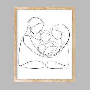 Mom and Dad with baby and son, family one line drawing, digital download