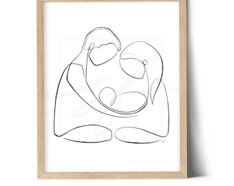 Mom & Dad with Baby, minimalist, one line drawing, digital