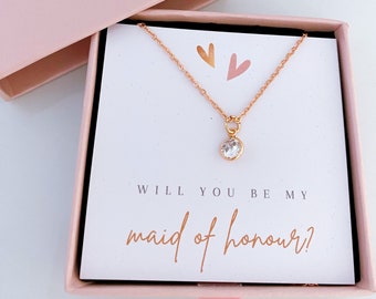 Rose Gold CZ charm necklace with Box&Card, Bridesmaid Proposal, Gift, Will you be my Maid of Honour, Thank You, Wedding, Bridal