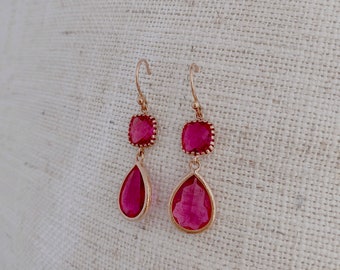 Rose Gold Crystal Ruby Teardrop Dangle Earrings