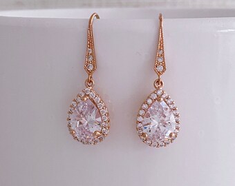 Grace ! Rose Gold Bridal/Wedding Earrings. Ear Wires Nickel free Rose Gold Plated over 92.5 sterling silver