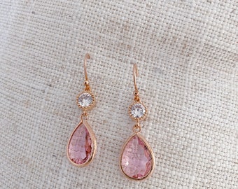 Rose Gold Crytal Light Pink Teardrop Dangle Earrings