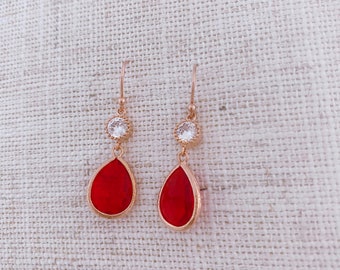 Rose Gold Crystal Red Teardrop Dangle Earrings