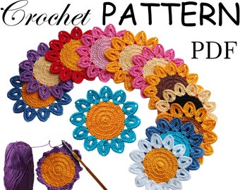 Flower Coasters Crochet Pattern, Easy crochet PDF pattern for Beginner, Home Decor step by step Crochet Tutorial, Crochet Sunflower