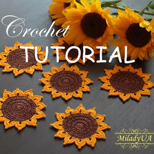 Sunflower Coasters Crochet Pattern, Easy crochet PDF pattern for Beginner, Home Decor step by step Crochet Tutorial, Crochet Sunflower