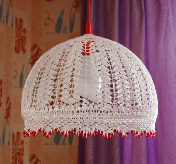 White Crochet Hanging Lamp With Red Beads In Bohemian Style Etsy