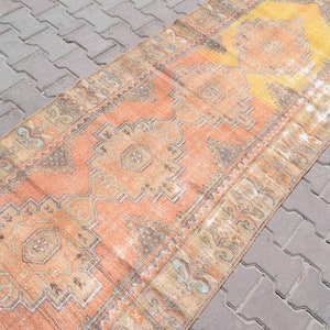 Vintage handgemaakt Oushak-vloerkleed: Turks wollen vloerkleed 3 x 9 ft