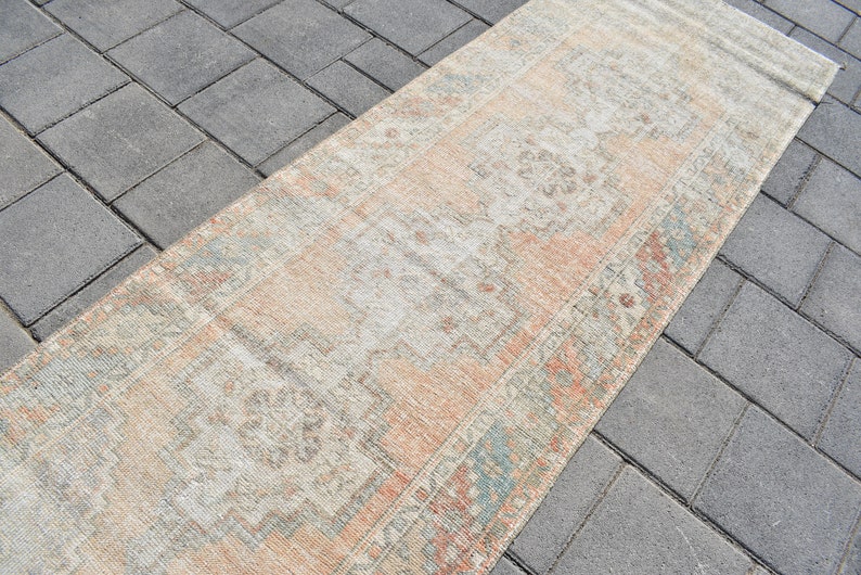 Vintage Turks Oushak-loperkleed 3 x 9: handgemaakt wollen gangkleed afbeelding 3