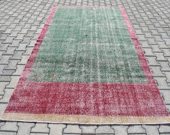 5x9 Green Turkish Rug: Large Vintage Wool Oushak Rug