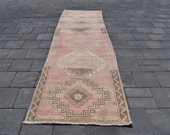 Vintage Oushak Pink Runner Rug: Turkish Wool Hallway Rug (3'3x11'1 ft)