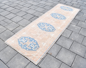 Vintage Turkish Wool Runner Rug: Pastel Orange Oushak Hallway Rug (2'8x8'4 ft)