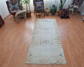 Vintage Oushak Runner Rug: 2'6x7'4 ft Pastel Turkish Wool Rug