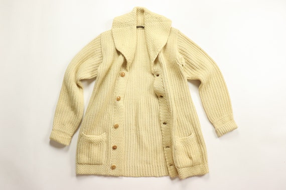 1920s Shawl Collar Sweater 20s Mens Cardigan Thick Knit Wool Vegetable Ivory Buttons 30s Letterman Collegiate 10s Fisherman 1910s Sportswear