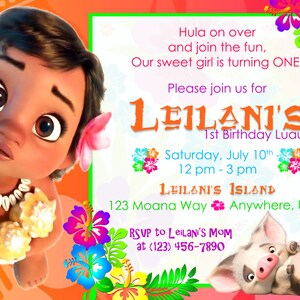 Peut inclure: Une invitation color&eacute;e pour un luau de 1er anniversaire. L'invitation pr&eacute;sente une image de dessin anim&eacute; d'une petite fille aux cheveux bruns et aux yeux bruns. Le texte sur l'invitation indique "Leilani's 1st Birthday Luau!" et comprend la date, l'heure et le lieu de la f&ecirc;te. Les informations de RSVP sont &eacute;galement incluses.