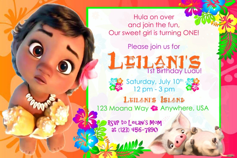 Peut inclure: Une invitation color&eacute;e pour un luau de 1er anniversaire. L'invitation pr&eacute;sente une image de dessin anim&eacute; d'une petite fille aux cheveux bruns et aux yeux bruns. Le texte sur l'invitation indique "Leilani's 1st Birthday Luau!" et comprend la date, l'heure et le lieu de la f&ecirc;te. Les informations de RSVP sont &eacute;galement incluses.
