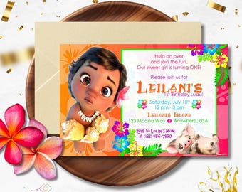Verjaardagsuitnodiging baby Moana// Hawaiiaanse verjaardagsuitnodiging// Verjaardag Moana// Verjaardag eilandthema