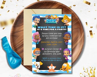 Invitation de fête d'anniversaire de guppies de bulle de tableau | Bubble Guppies | Fête d'enfants| Anniversaire d'enfants | Invitations pour enfants