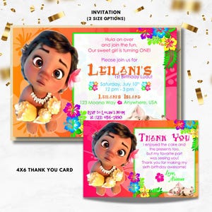 Peut inclure: Une carte de remerciement rose et verte avec une image de dessin anim&eacute; d'un b&eacute;b&eacute; Moana tenant des coquillages. Le texte sur la carte dit "Merci J'ai appr&eacute;ci&eacute; le g&acirc;teau et les cadeaux aussi, mais ma partie pr&eacute;f&eacute;r&eacute;e &eacute;tait de te voir ! Merci d'avoir rendu mon sixi&egrave;me anniversaire g&eacute;nial ! Avec amour, Ariana."
