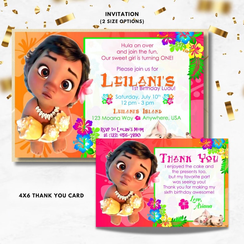 Peut inclure: Une carte de remerciement rose et verte avec une image de dessin anim&eacute; d'un b&eacute;b&eacute; Moana tenant des coquillages. Le texte sur la carte dit "Merci J'ai appr&eacute;ci&eacute; le g&acirc;teau et les cadeaux aussi, mais ma partie pr&eacute;f&eacute;r&eacute;e &eacute;tait de te voir ! Merci d'avoir rendu mon sixi&egrave;me anniversaire g&eacute;nial ! Avec amour, Ariana."