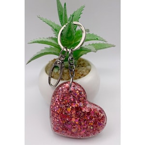 Keychain-Pink Resin Heart(2x2) w/Holographic Chunky Glitter, Charm, Luggage, Purse, Bag Tag, Gift, Thank You, Birthday