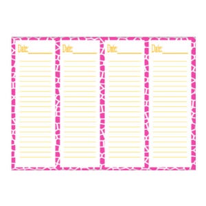 May include: A pink and white patterned notepad with four sections. Each section has a space for the date and lined paper for notes. The notepad has a giraffe-like pattern around the edges.