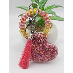 Keychain-Pink Resin Heart(2x2) w/Holographic Chunky Glitter, Charm, Luggage, Purse, Bag Tag, Gift, Thank You, Birthday