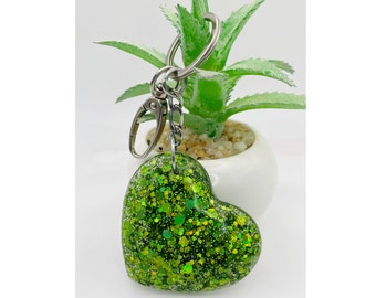 Keychain-Light Green Resin Heart(2x2) w/Holographic Chunky Glitter, Charm, Luggage, Purse, Bag Tag, Gift, Thank You, Birthday, Clasp