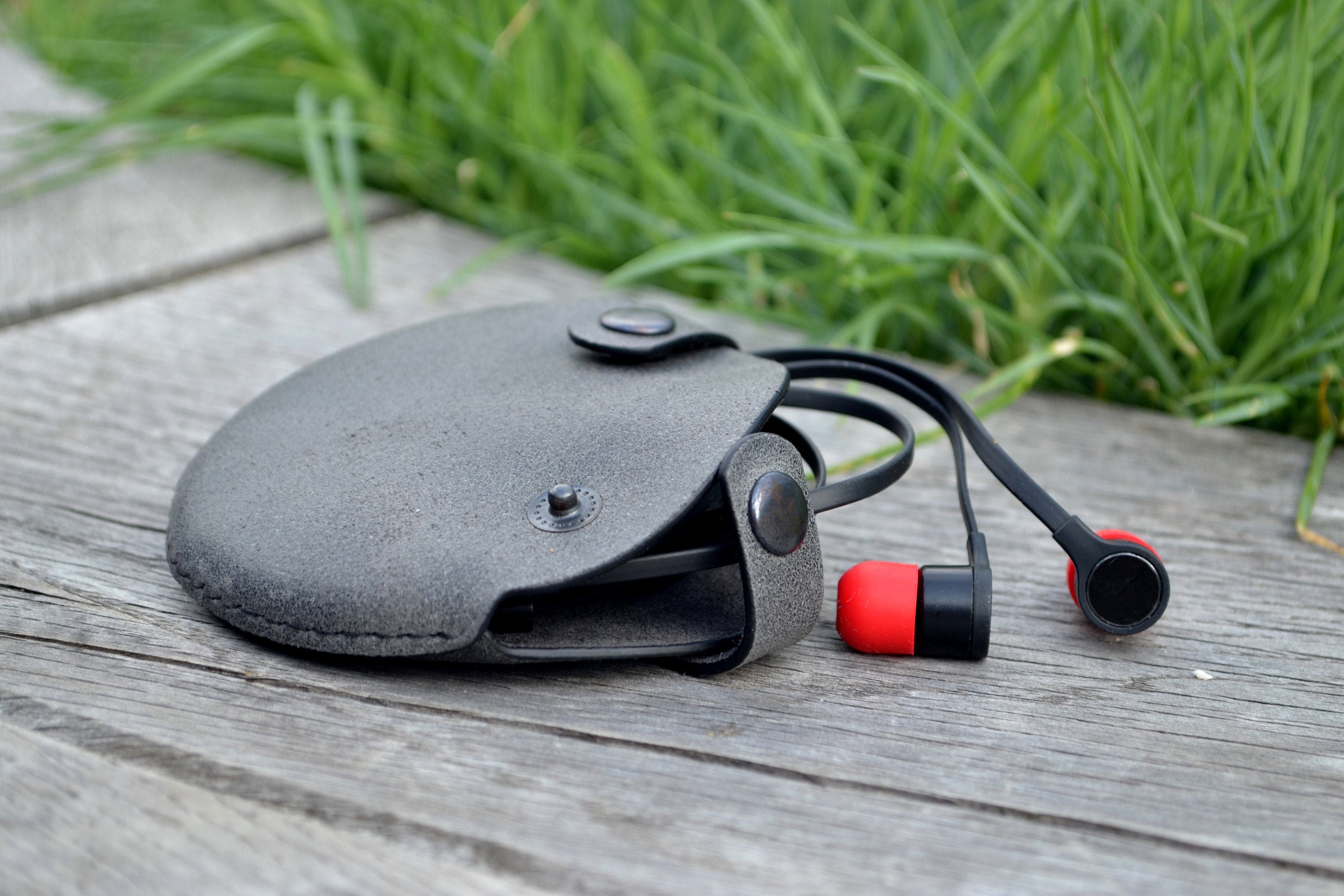 Gray leather headphone case Earphones pouch Leather cord Etsy