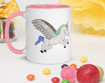 Colorful Fantasy Flying Unicorn Rainbow Coffee/Tea Mug, Cheerful Inside choose pink yellow blue red orange or black, surprise gift, Pegasus