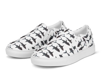 Shark Frenzy Women’s slip-on canvas shoes - great gift for the shark loving gal Thematic Shark Frenzy Slip-on Shoes - Perfect Fisherman Gift