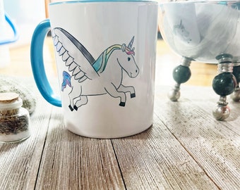 Fantasy Flying Unicorn Coffee Mug, Rainbow Pegasus, Colorful Inside