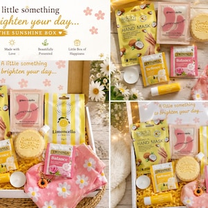 以下が含まれることがあります： 「The Sunshine Box」と書かれたギフトボックスには、ココナッツオイルハンドマスク、Grace & Stellaアイマスク、Sunshineビスケット、リモンチェッログミ、Twiningsティーバッグ、黄色いリップバーム、ハート型の石鹸、デイジー柄の靴下が入っています。