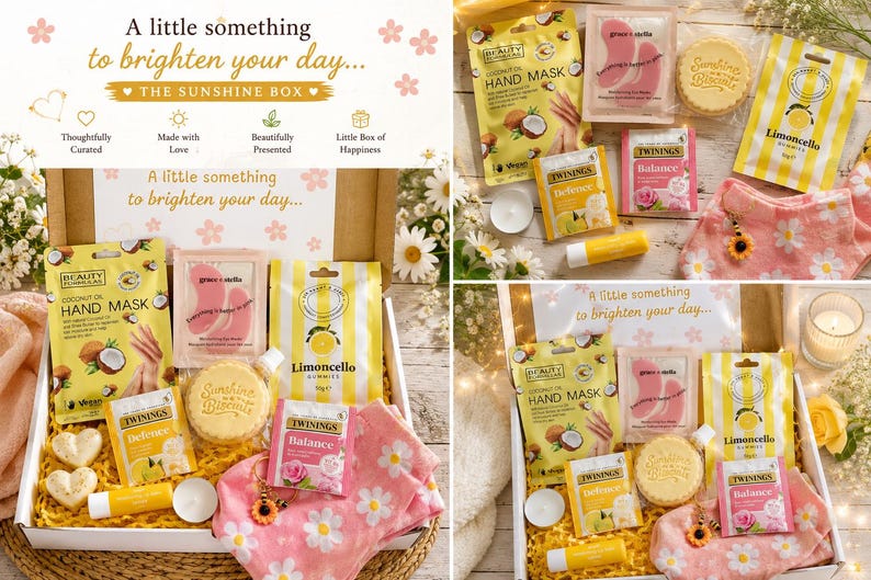 以下が含まれることがあります： 「The Sunshine Box」と書かれたギフトボックスには、ココナッツオイルハンドマスク、Grace & Stellaアイマスク、Sunshineビスケット、リモンチェッログミ、Twiningsティーバッグ、黄色いリップバーム、ハート型の石鹸、デイジー柄の靴下が入っています。