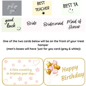 以下が含まれることがあります： 「just for you」、「BEST TEACHER」、「BEST TA」、「good luck」、「Bride」、「Bridesmaid」、「Maid of Honour」、「A little something to brighten your day...」、「Happy Birthday」などのテキストデザインが施された長方形のカードのコレクション。