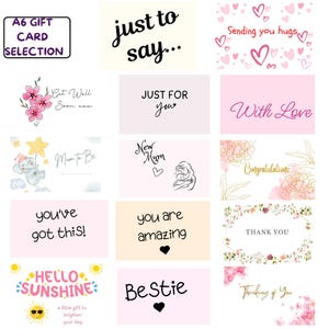 以下が含まれることがあります： 「just to say...」、「Sending you hugs」、「Get Well Soon」、「JUST FOR you」、「With Love」、「Mum to Be」、「New Mum」、「Congratulations」、「you've got this!」、「you are amazing」、「THANK YOU」、「HELLO SUNSHINE」、「BeStie」、「Thinking of You」などのメッセージが書かれたA6ギフトカードのコレクション。