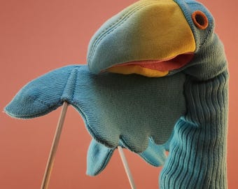 Sock Puppet With Arm Rods- Blue Parrot Puppet