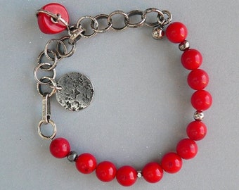 red coral bracelet, boho bracelet, sterling silver, sterling silver bracelet,