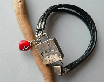 coral and leather bracelet handmade with oxidized sterling silver, 925 silver bracelet, modern bracelet