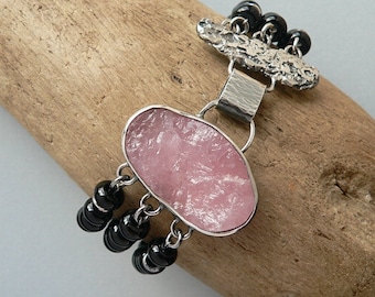 rose quartz and onyx  bracelet, silver 925,