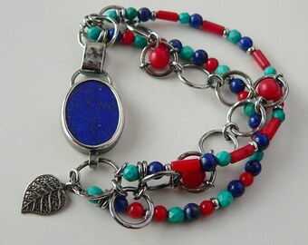 boho bracelet, charms coral bracelet, hippie lapis lazuli bracelet, turquoise, raw silver, sterling silver
