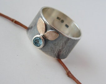 topaz silver and gold ring, wide band silver ring, gift for her