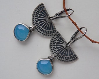 blue agate and sterling silver, everyday earrings handmade of 925