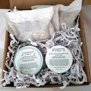 Sore Muscle and Joint Relief Set - Natural Organic Herbal Self Care Gift Box Under 30 - Herbal Bath Soak, Pain Salve and Lotion Bar Set